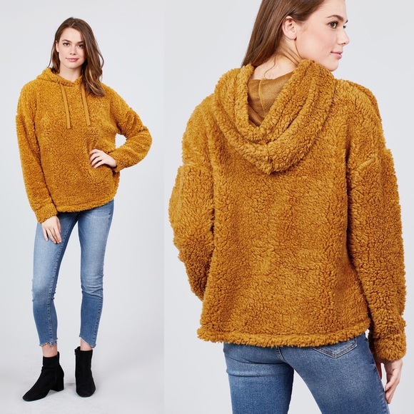 S-2X Faux Fur Drawstring Hoodie Mustard Color - Picture 3 of 5